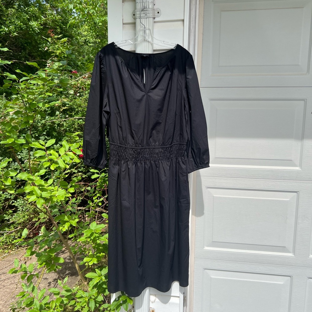 NWT Talbots Pretty Black 3/4 Sleeve 100% Cotton Elastic Waist MIDI Dress